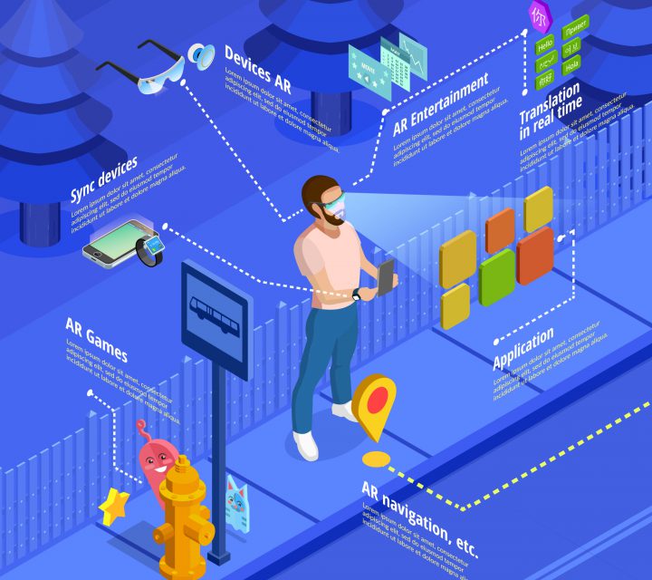 Augmented reality ar real time translation game isometric poster with tourist at foreign city bus stop vector illustration