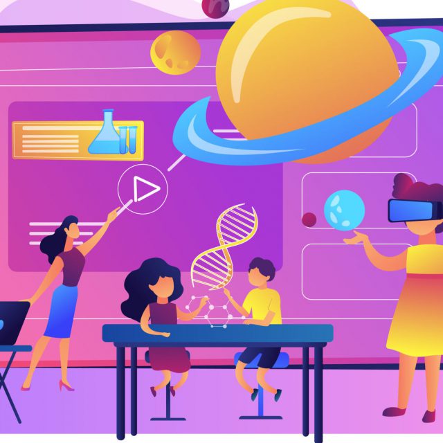 Futuristic classroom, little children study with high tech equipment. Smart spaces at school, AI in education, learning management system concept. Bright vibrant violet vector isolated illustration